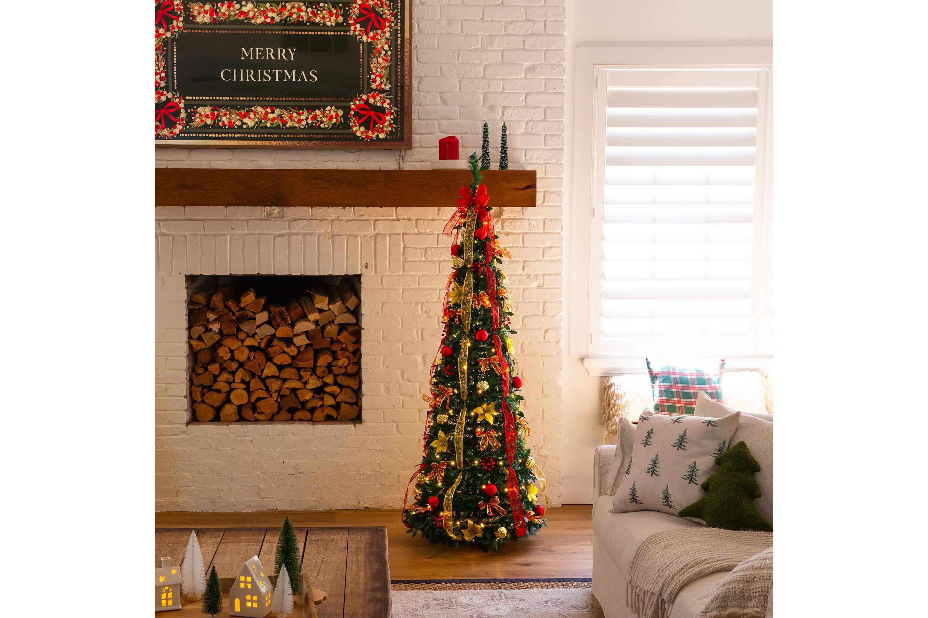 6-Foot Pre-Lit Artificial Pop up Christmas Tree with Red & Gold Ornaments, Ribbons and 150 Warm White LED Lights