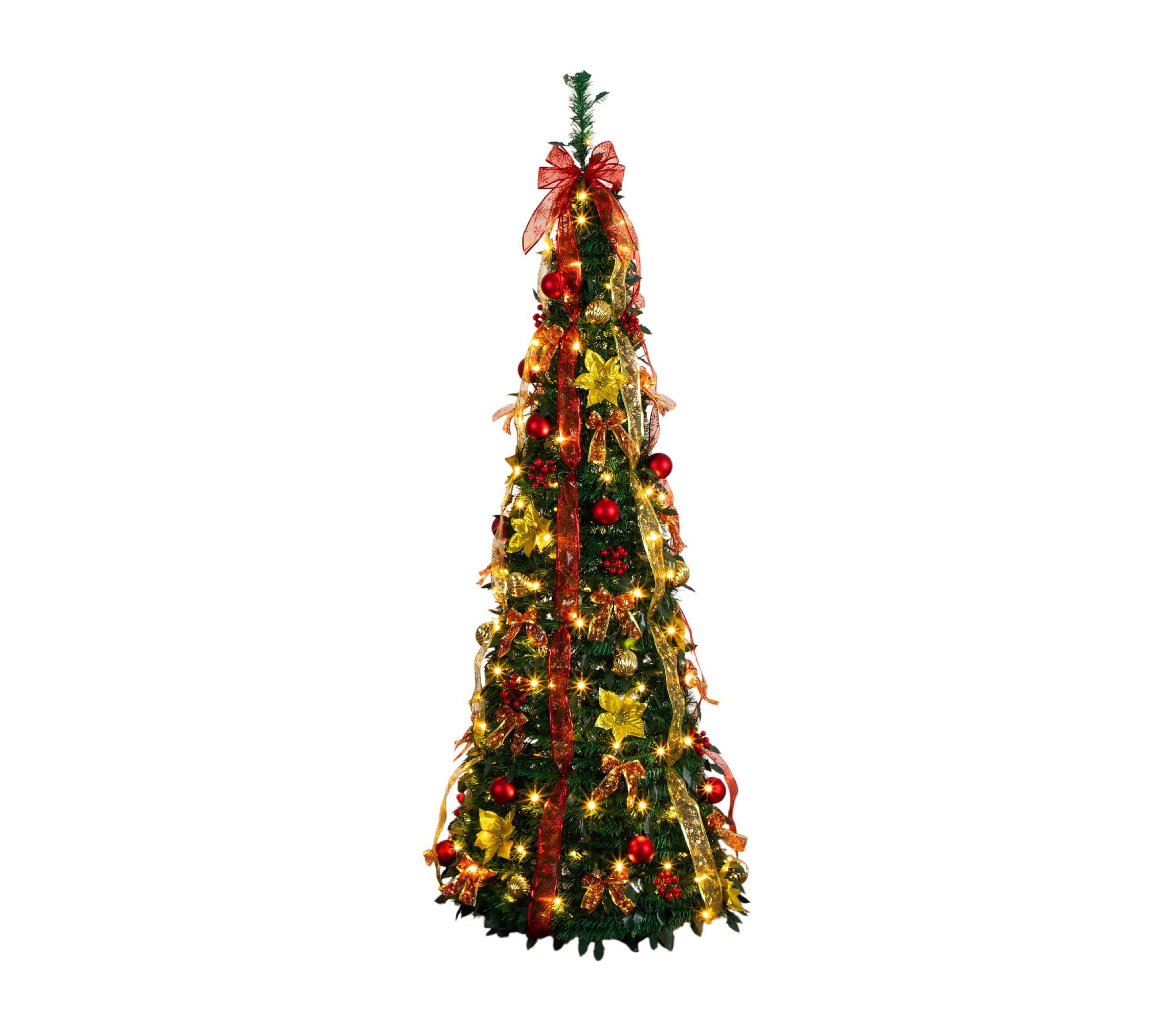 6-Foot Pre-Lit Artificial Pop up Christmas Tree with Red & Gold Ornaments, Ribbons and 150 Warm White LED Lights
