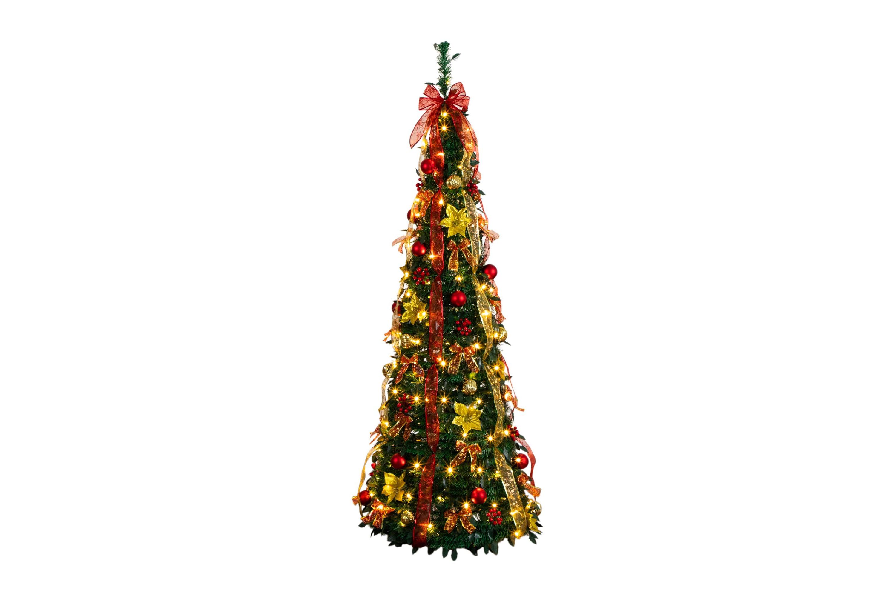 6-Foot Pre-Lit Artificial Pop up Christmas Tree with Red & Gold Ornaments, Ribbons and 150 Warm White LED Lights