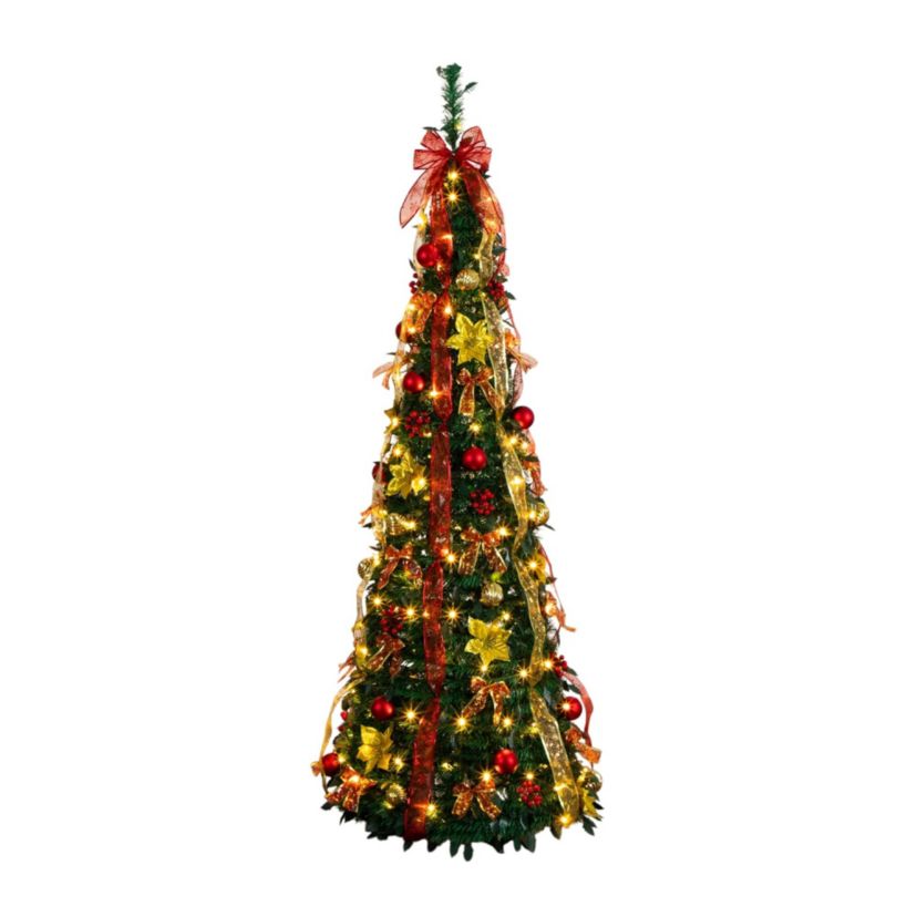 6-Foot Pre-Lit Artificial Pop up Christmas Tree with Red & Gold Ornaments, Ribbons and 150 Warm White LED Lights