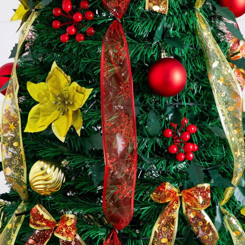 6-Foot Pre-Lit Artificial Pop up Christmas Tree with Red & Gold Ornaments, Ribbons and 150 Warm White LED Lights