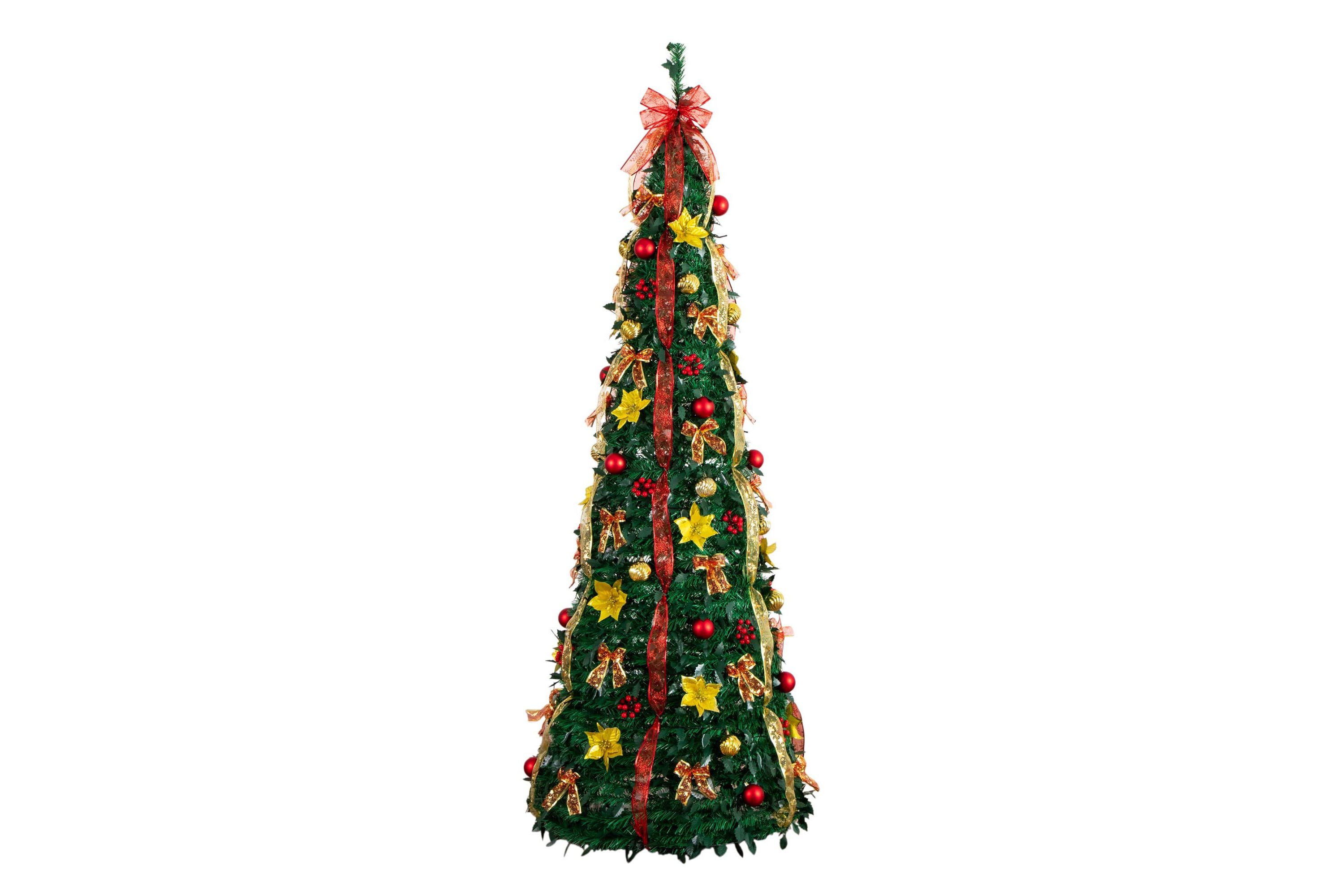 7-Foot Pre-Lit Artificial Pop up Christmas Tree with Red & Gold Ornaments, Ribbons and 180 Warm White LED Lights