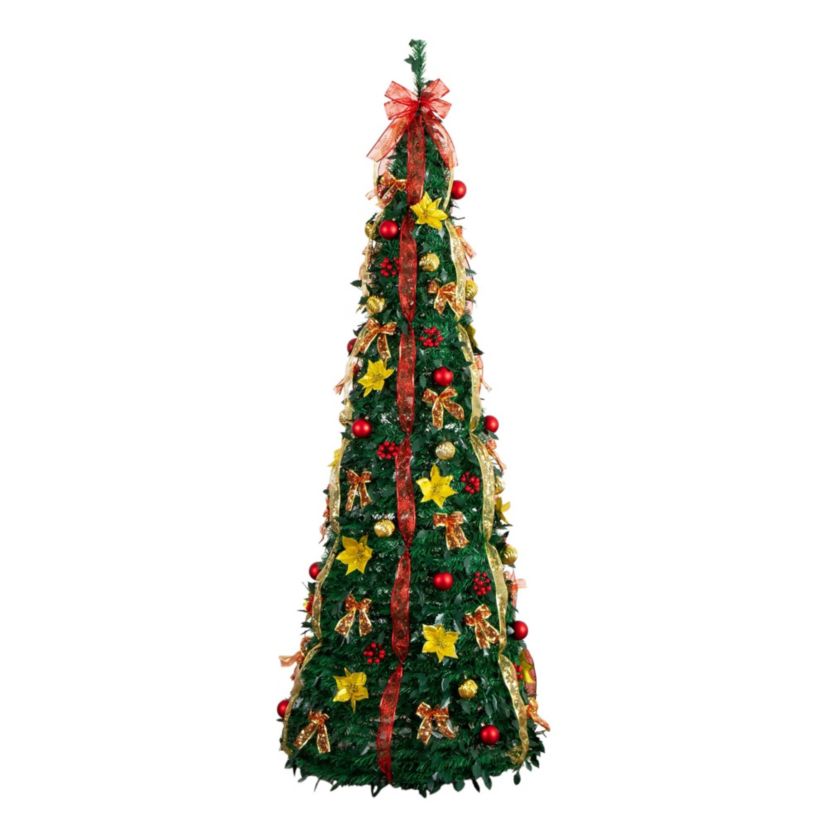 7-Foot Pre-Lit Artificial Pop up Christmas Tree with Red & Gold Ornaments, Ribbons and 180 Warm White LED Lights