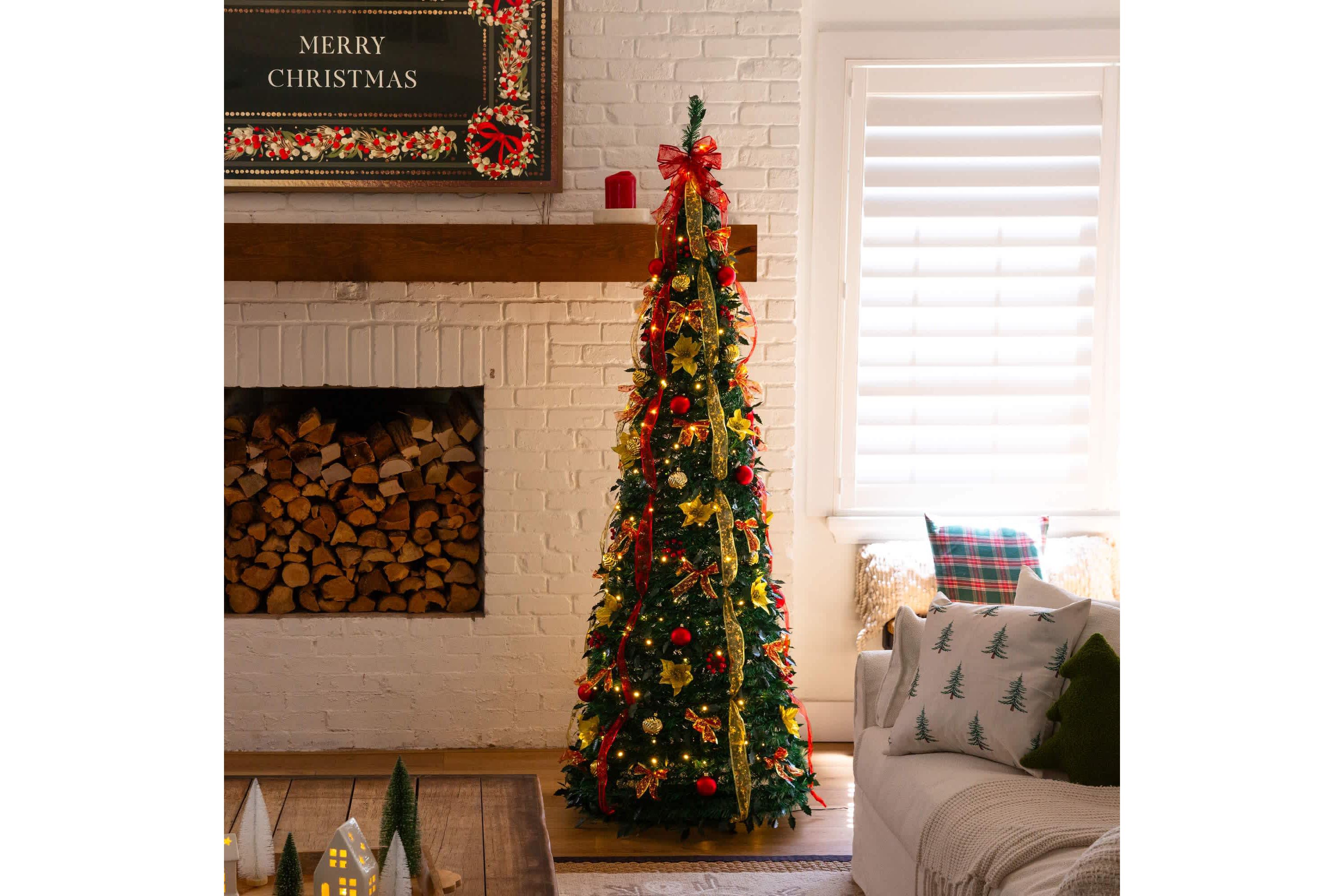 7-Foot Pre-Lit Artificial Pop up Christmas Tree with Red & Gold Ornaments, Ribbons and 180 Warm White LED Lights