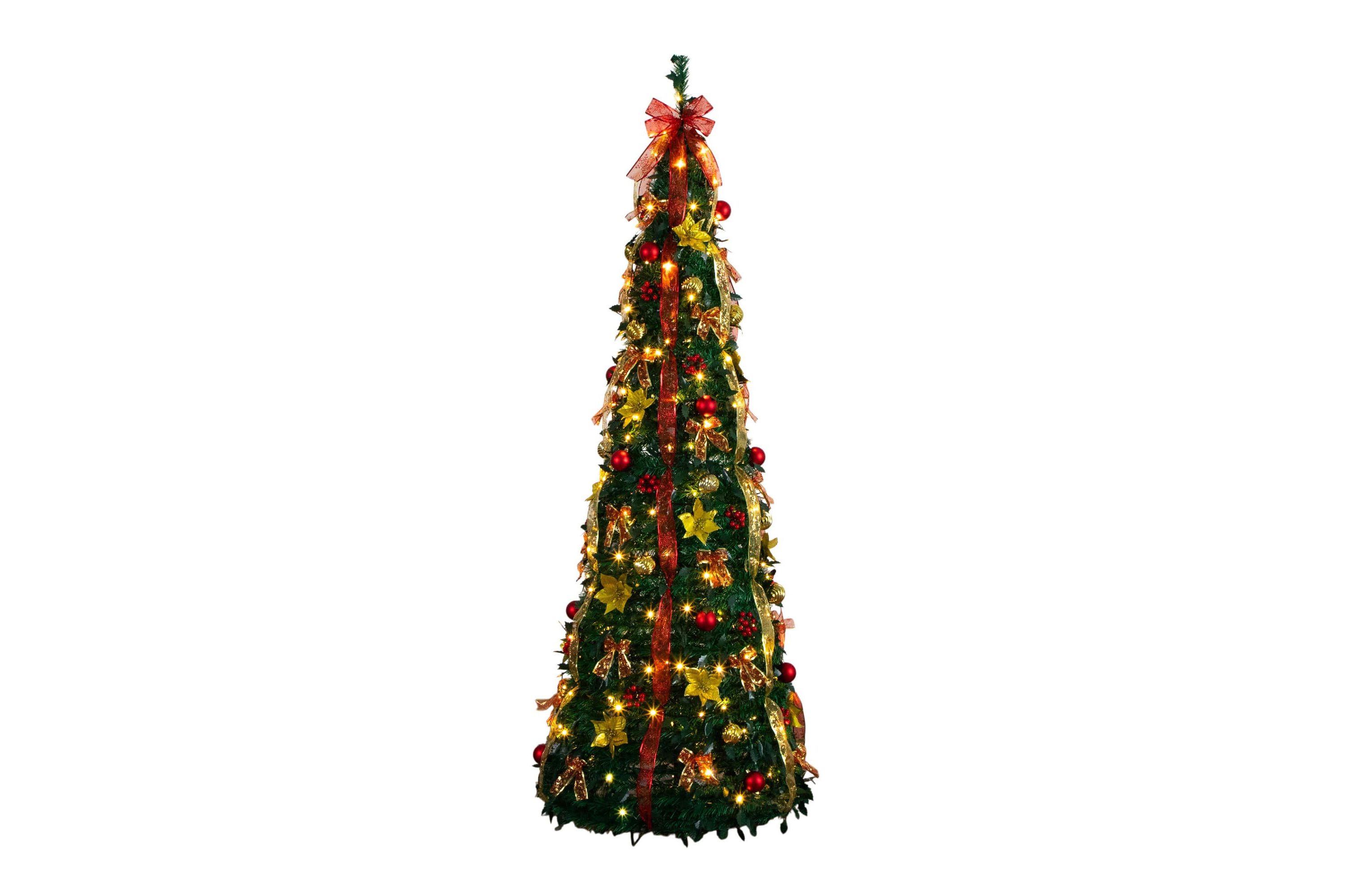 7-Foot Pre-Lit Artificial Pop up Christmas Tree with Red & Gold Ornaments, Ribbons and 180 Warm White LED Lights