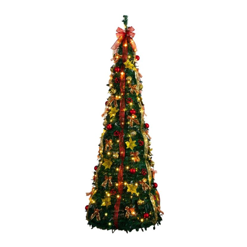7-Foot Pre-Lit Artificial Pop up Christmas Tree with Red & Gold Ornaments, Ribbons and 180 Warm White LED Lights