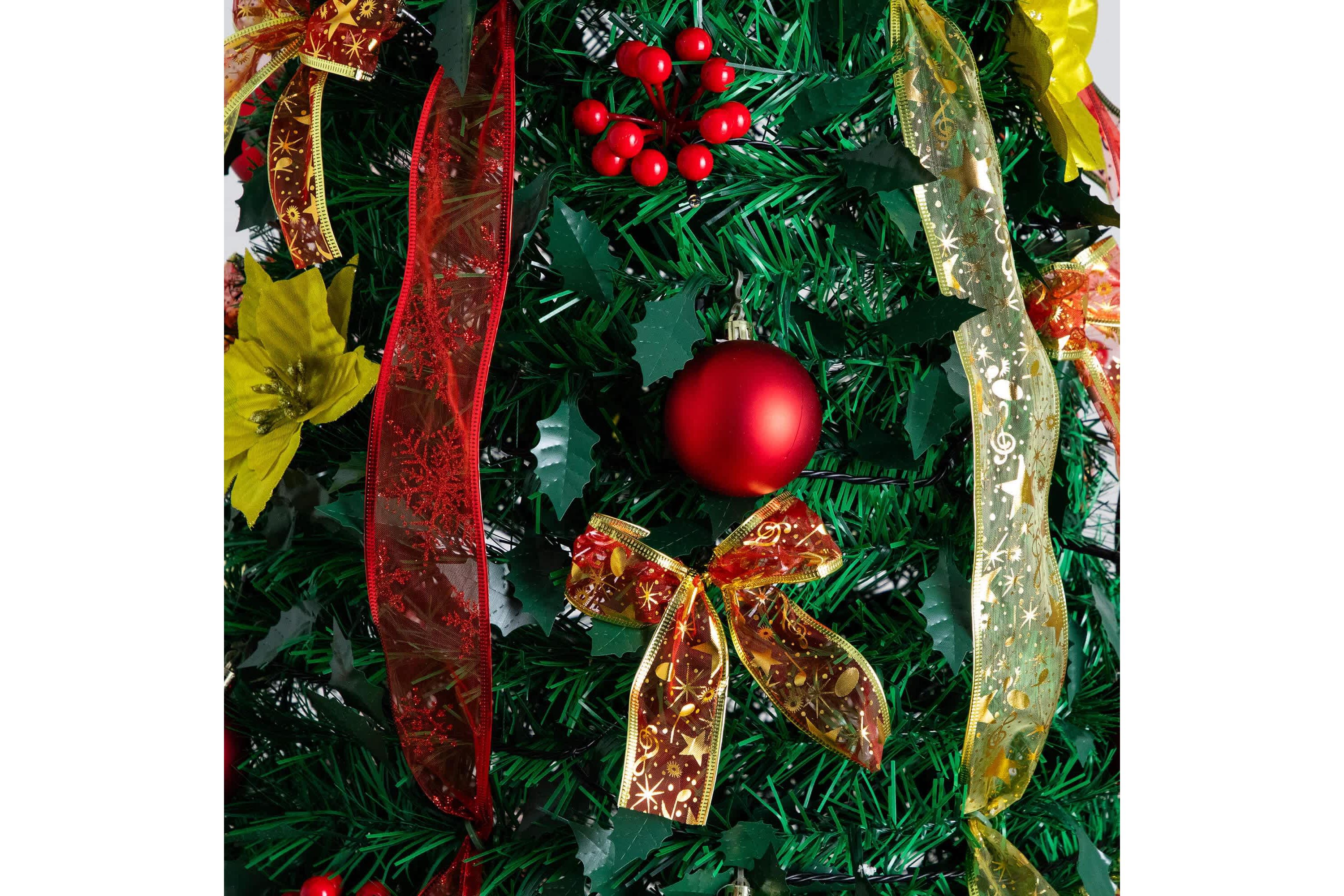 7-Foot Pre-Lit Artificial Pop up Christmas Tree with Red & Gold Ornaments, Ribbons and 180 Warm White LED Lights
