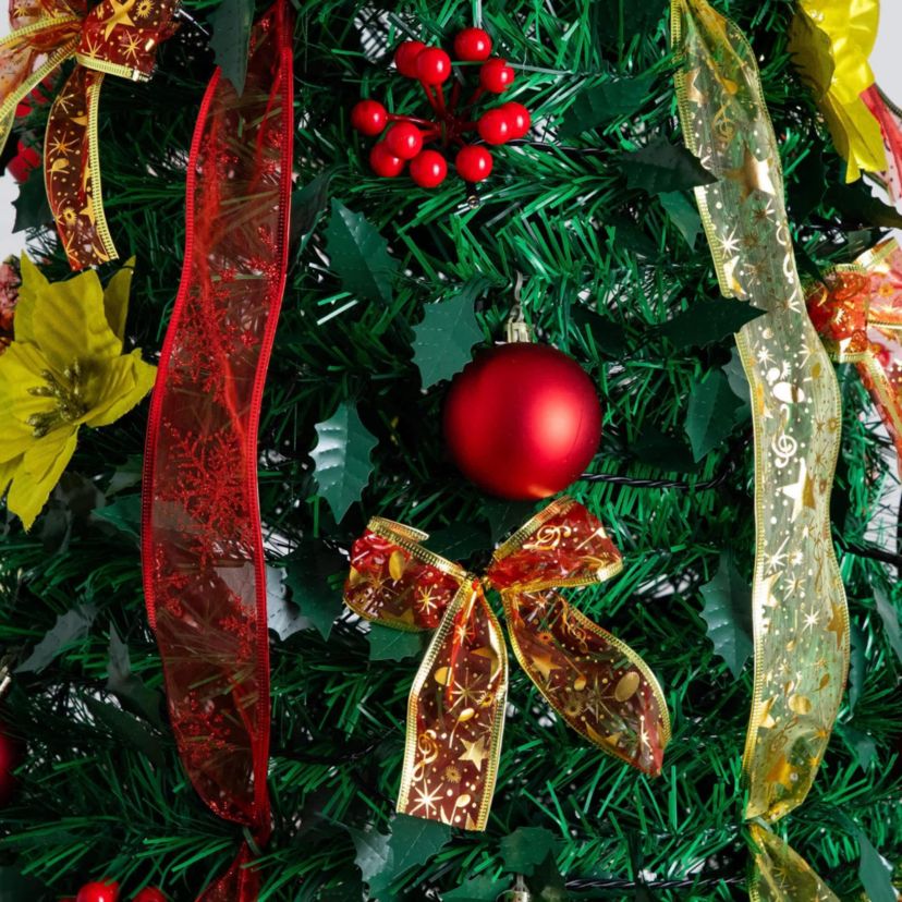 7-Foot Pre-Lit Artificial Pop up Christmas Tree with Red & Gold Ornaments, Ribbons and 180 Warm White LED Lights