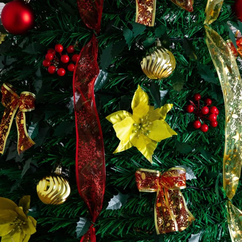 7-Foot Pre-Lit Artificial Pop up Christmas Tree with Red & Gold Ornaments, Ribbons and 180 Warm White LED Lights
