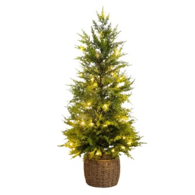 Nearly Natural 3-Foot Pre-Lit Artificial Lightly Snowed Cypress Christmas Tree with 38 Warm White LED Lights in Decorative Weaved Basket, Green