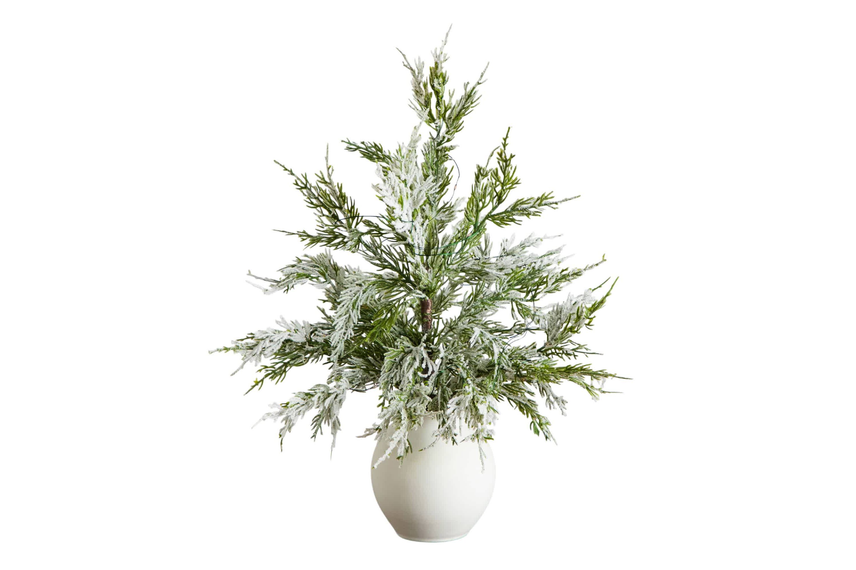 18-Inch Pre-Lit Artificial Mini Snowed Cypress Christmas Tree with 12 LED Lights in White Ceramic Planter