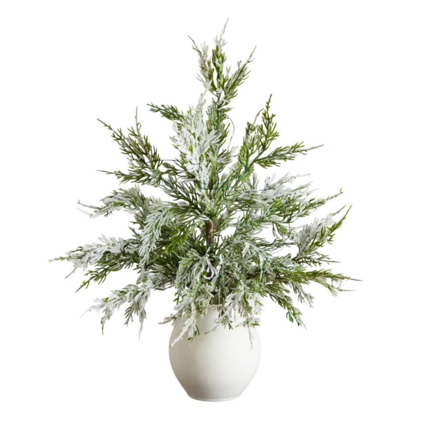 18-Inch Pre-Lit Artificial Mini Snowed Cypress Christmas Tree with 12 LED Lights in White Ceramic Planter