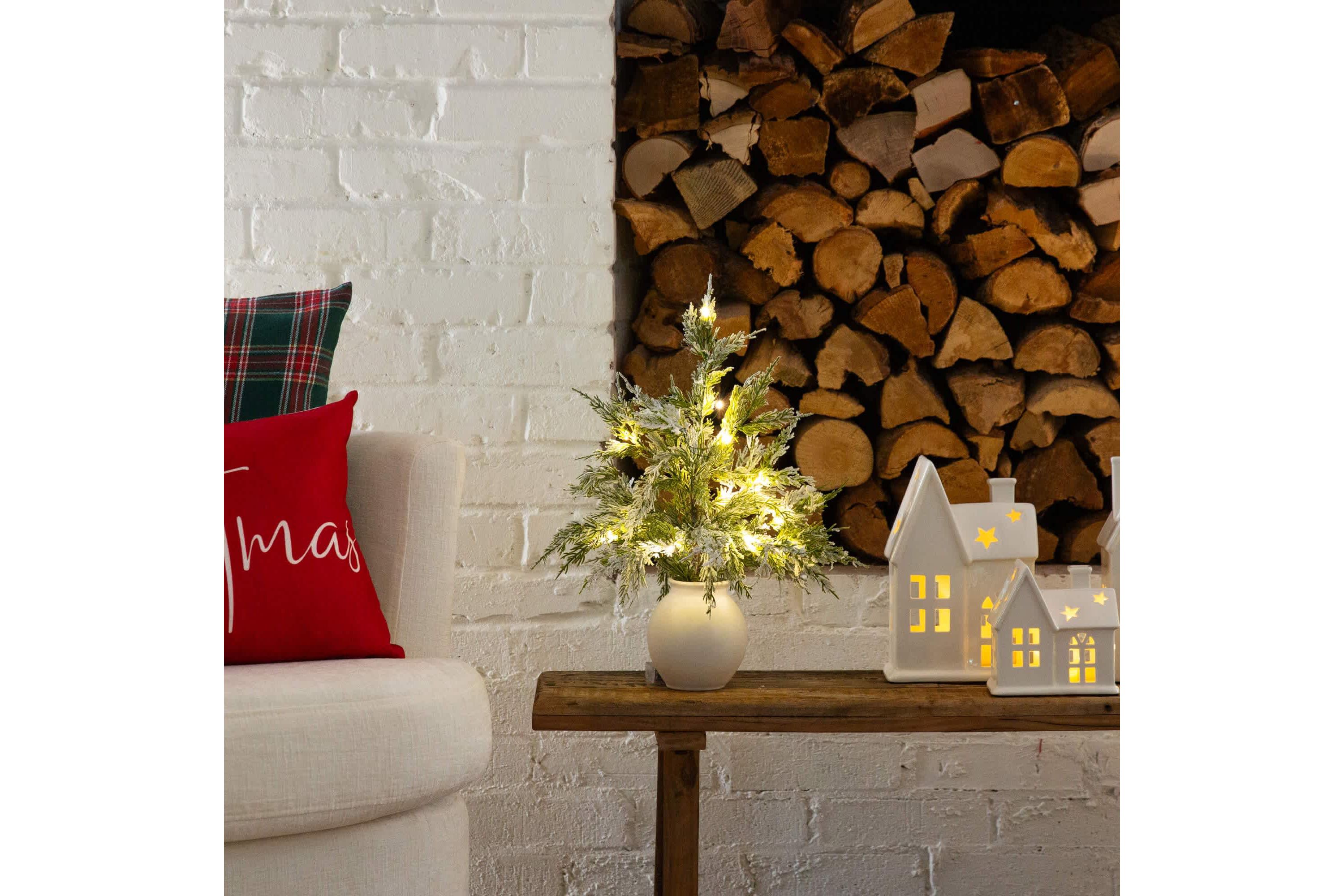 18-Inch Pre-Lit Artificial Mini Snowed Cypress Christmas Tree with 12 LED Lights in White Ceramic Planter
