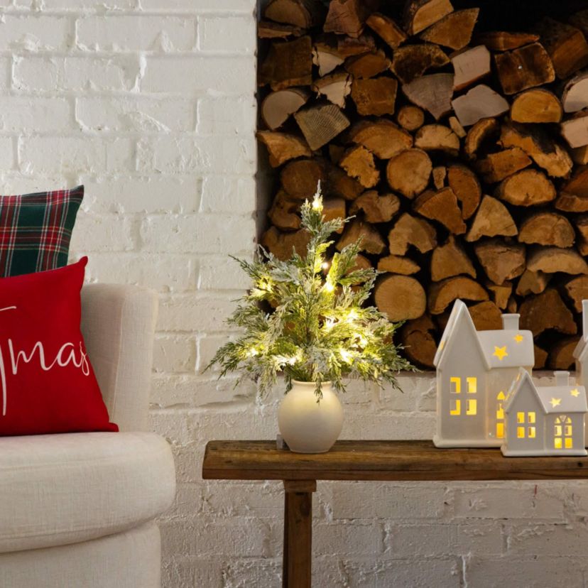 18-Inch Pre-Lit Artificial Mini Snowed Cypress Christmas Tree with 12 LED Lights in White Ceramic Planter