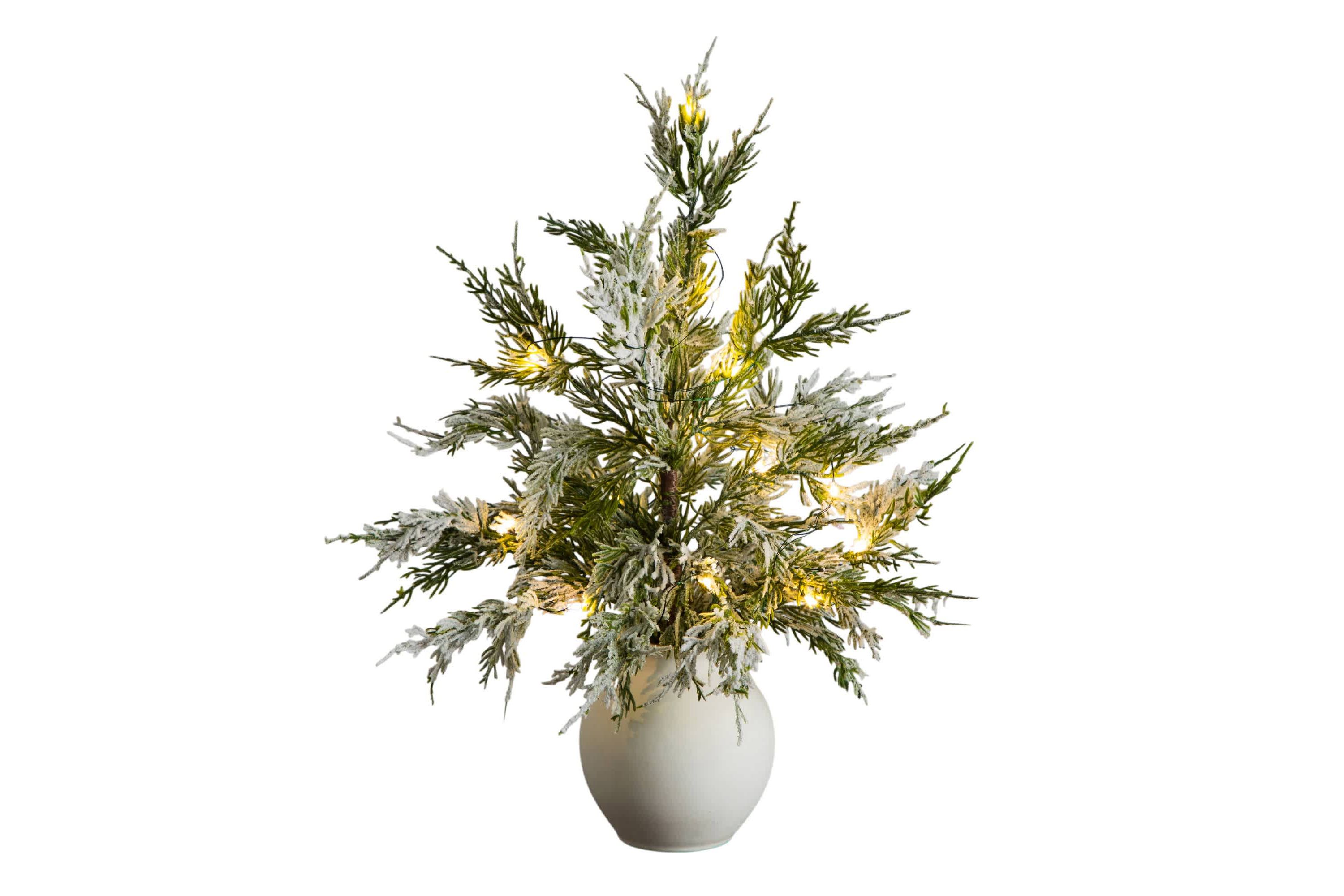 18-Inch Pre-Lit Artificial Mini Snowed Cypress Christmas Tree with 12 LED Lights in White Ceramic Planter
