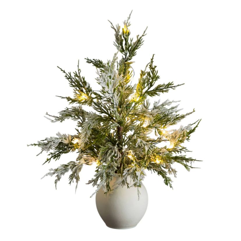 18-Inch Pre-Lit Artificial Mini Snowed Cypress Christmas Tree with 12 LED Lights in White Ceramic Planter