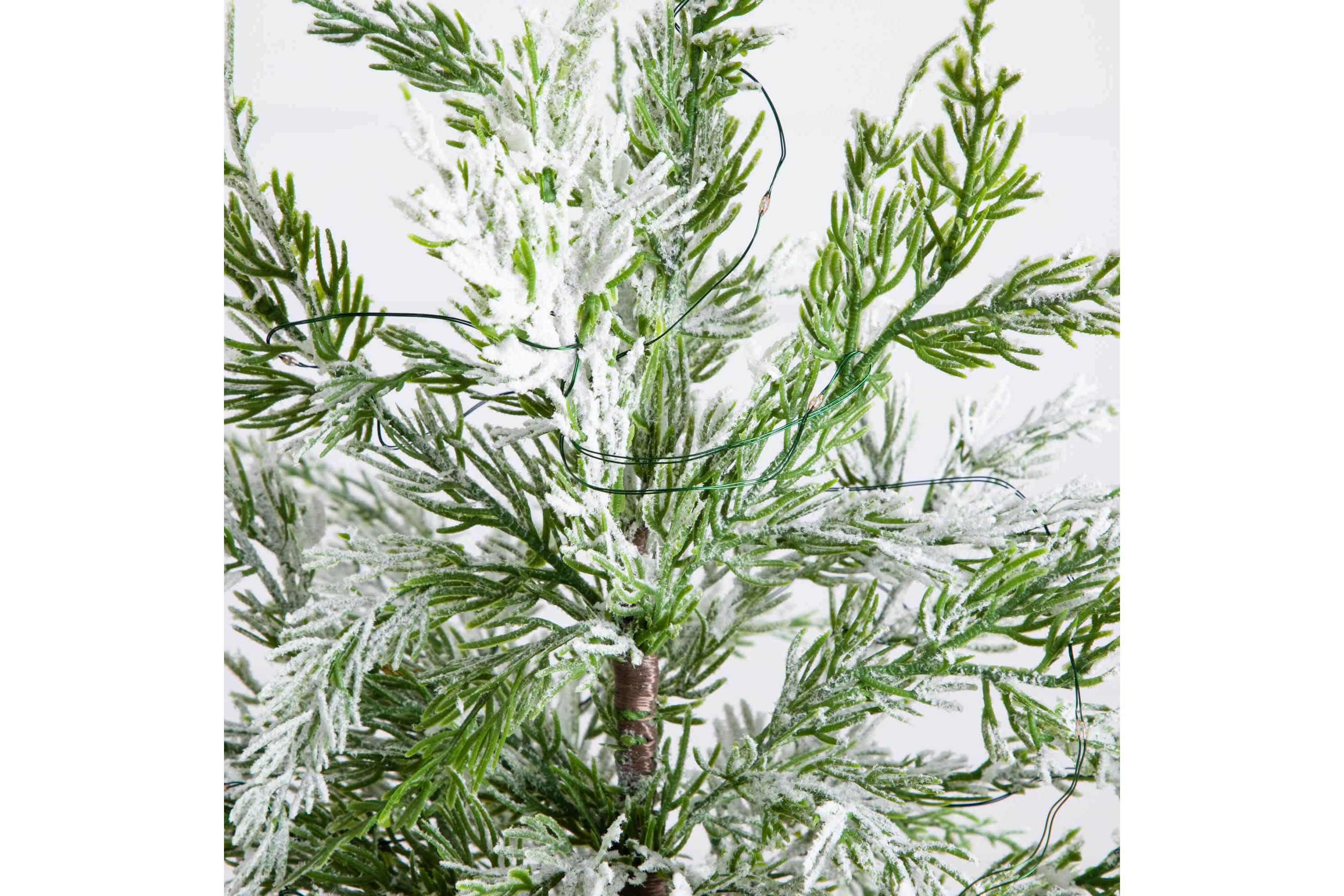 18-Inch Pre-Lit Artificial Mini Snowed Cypress Christmas Tree with 12 LED Lights in White Ceramic Planter