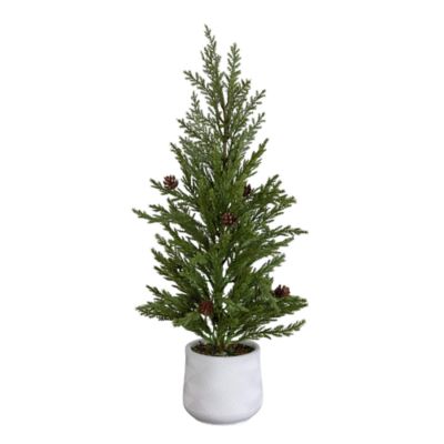 Nearly Natural 20-Inch Artificial Christmas Cedar Pine Tree with Pinecones in White Ceramic Planter