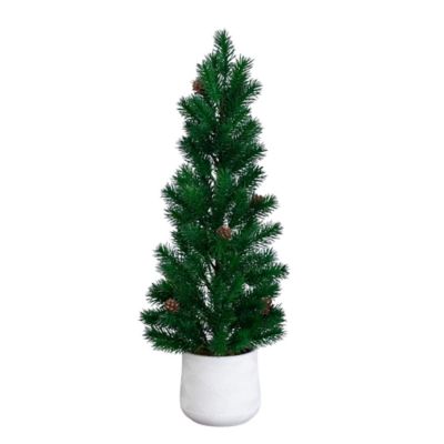 Nearly Natural 20-Inch Artificial Christmas Tree with Pinecones in White Ceramic Planter