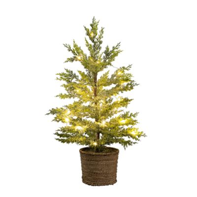 Nearly Natural 2-Foot Pre-Lit Artificial Snowed Cypress Christmas Tree with 30 LED Lights in Hyacinth Basket