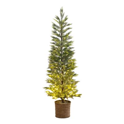 Nearly Natural 5-Foot Pre-Lit Artificial Snowed Cypress Christmas Tree with 140 LED Lights in Hyacinth Basket, Green