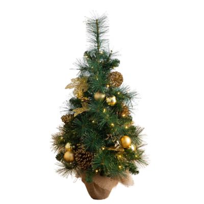 Nearly Natural 3-Foot Artificial Pre-Lit Christmas Tree with Gold Ornaments & Pinecones and 50 LED Lights in Jute Wrapped Base, Green
