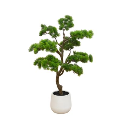 Nearly Natural 3-Foot Artificial Bonsai Style Cedar Tree in Decorative White Planter, Green