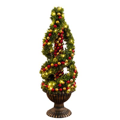 Nearly Natural 3-Foot Pre-Lit Artificial Christmas Spiral Boxwood Topiary Tree with Ornaments and 70 LED Lights in Decorative Urn, Green