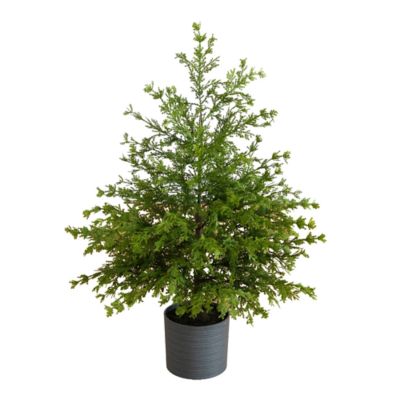 Nearly Natural 3-Foot Artificial Real Touch Cedar Tree in Decorative Gray Planter, Green