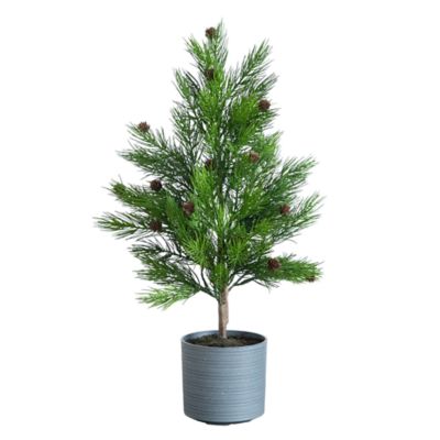 Nearly Natural 2-Foot Artificial Real Touch Cedar Christmas Tree with Pinecones in Gray Decorative Planter