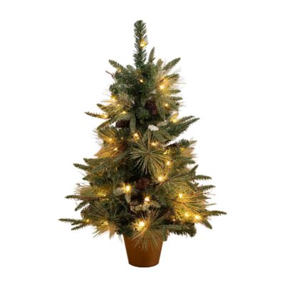 Nearly Natural 3-Foot Artificial Pre-Lit Snowed Mixed Pine Christmas Tree with 36 LED Lights and Pinecones in Gold Decorative Planter, Green