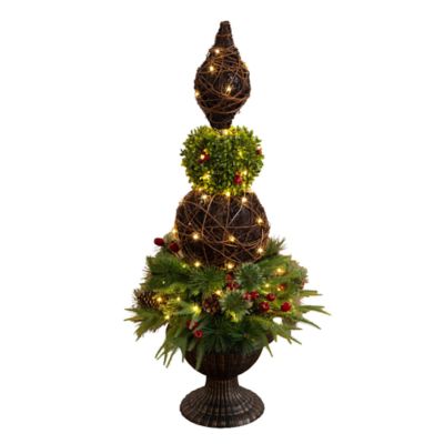Nearly Natural 3-Foot Pre-Lit Artificial Finial Boxwood Ornament Mixed Pine Topiary Christmas Tree with 70 LED Lights in Decorative Urn, Green