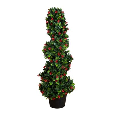 Nearly Natural 3-Foot UV Resistant Pre-Lit Artificial Holly Berry Christmas Spiral Tree with 36 LED Lights (Indoor/Outdoor), Green