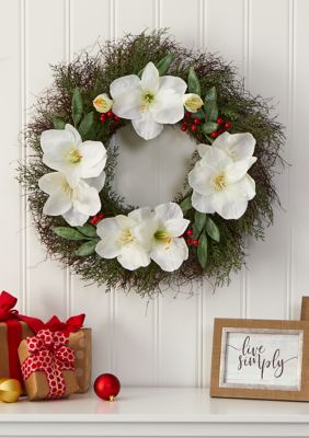 Nearly Natural Cedar Amaryllis and Ruscus with Berries Wreath, Green