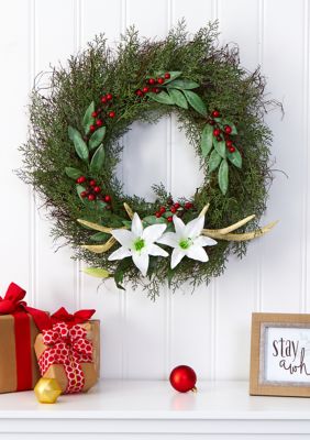 Nearly Natural Cedar, Antlers, Lily and Ruscus, with Berries Wreath, Green