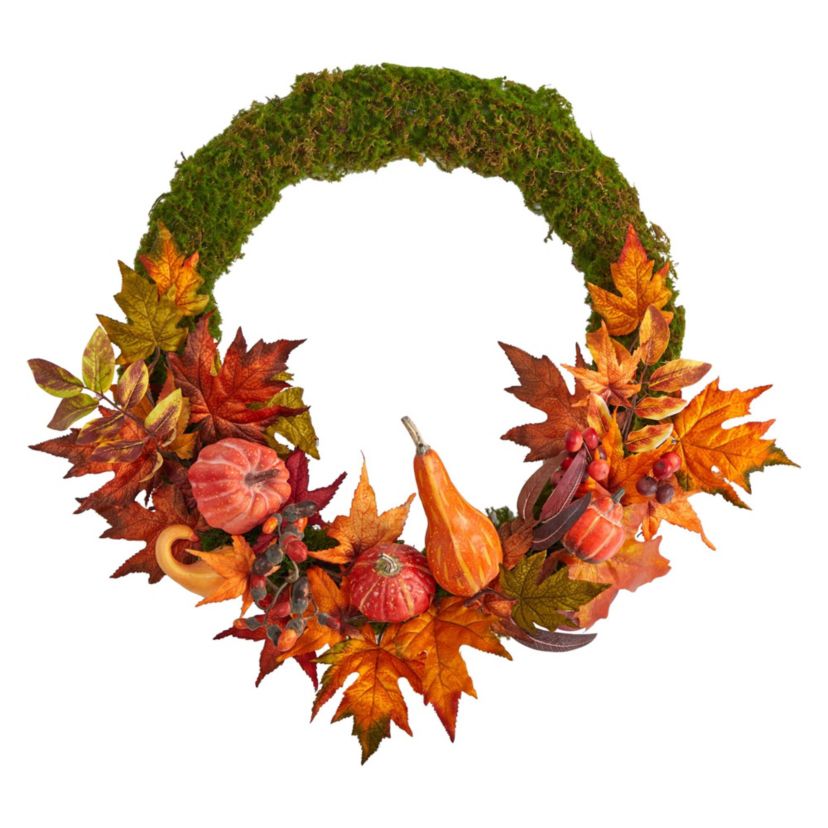 20-Inch Autumn Pumpkin, Gourd and Fall Maple Leaf Artificial Wreath