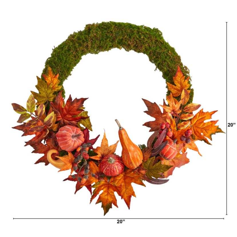 20-Inch Autumn Pumpkin, Gourd and Fall Maple Leaf Artificial Wreath