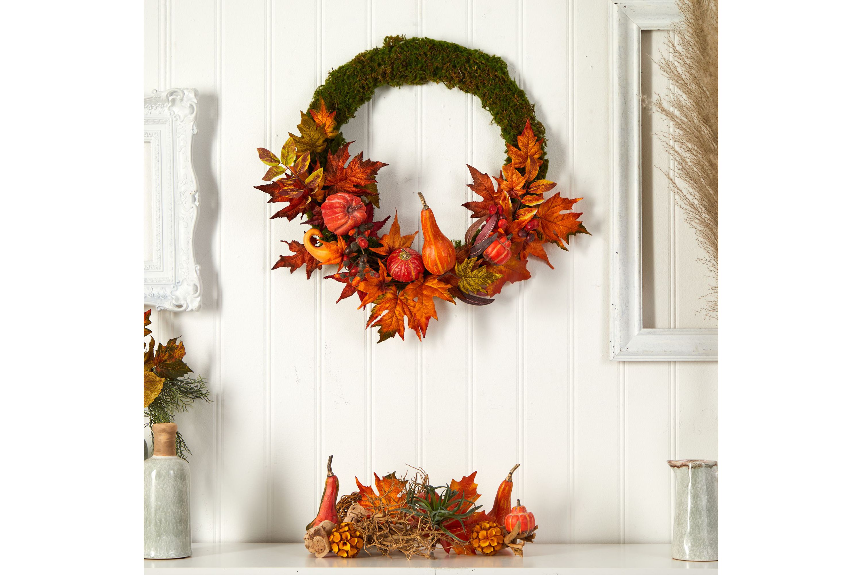 20-Inch Autumn Pumpkin, Gourd and Fall Maple Leaf Artificial Wreath