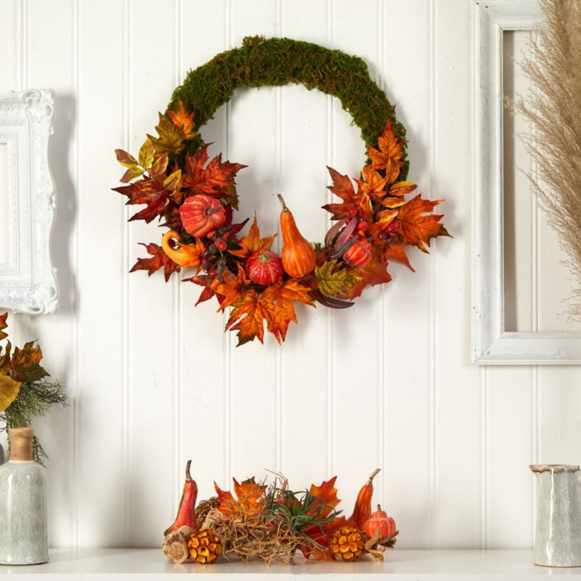 20-Inch Autumn Pumpkin, Gourd and Fall Maple Leaf Artificial Wreath