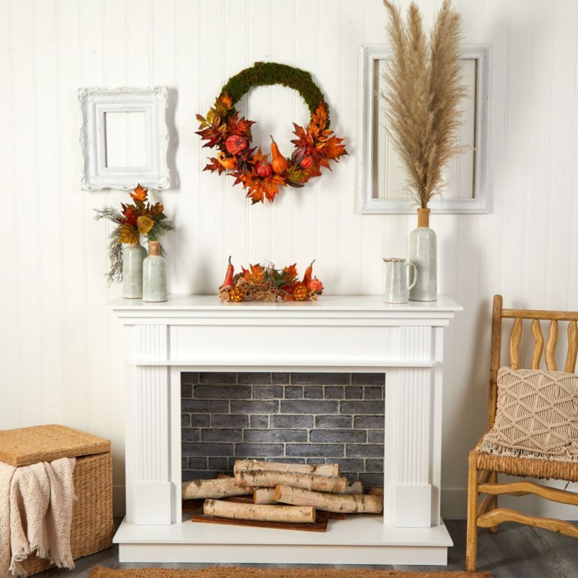 20-Inch Autumn Pumpkin, Gourd and Fall Maple Leaf Artificial Wreath