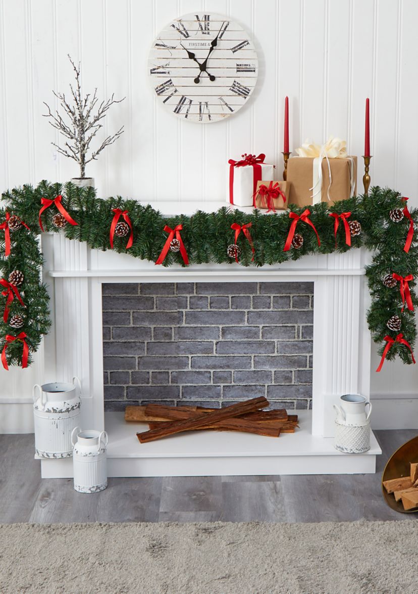 9 Foot Bow and Pine Cone Artificial Christmas Garland with 35 Clear LED Lights