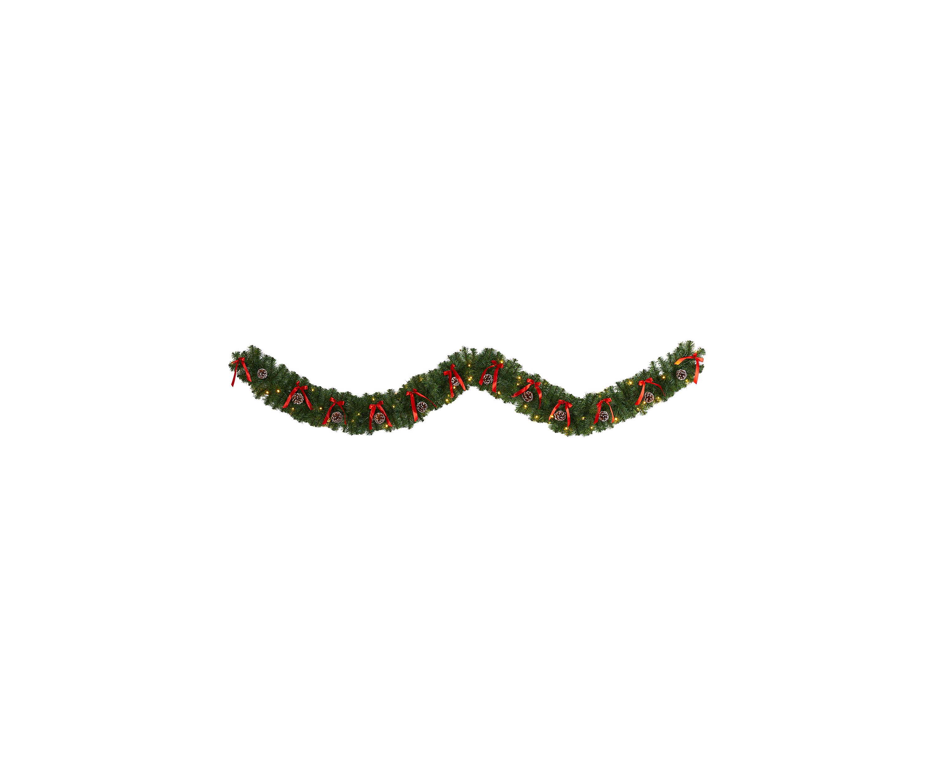 9 Foot Bow and Pine Cone Artificial Christmas Garland with 35 Clear LED Lights