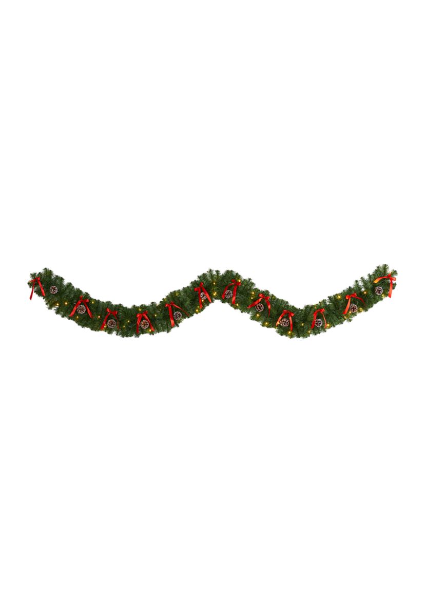 9 Foot Bow and Pine Cone Artificial Christmas Garland with 35 Clear LED Lights