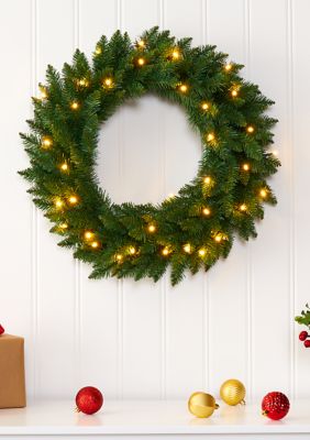 Nearly Natural 24 Inch Green Pine Artificial Christmas Wreath with 35 Clear LED Lights
