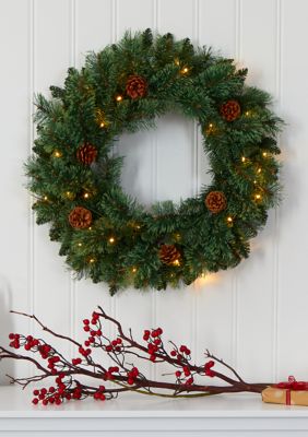 Nearly Natural 24 Inch White Mountain Pine Artificial Christmas Wreath with 35 LED Lights and Pinecones, Green