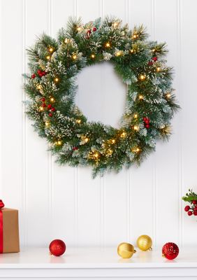 Nearly Natural Frosted Swiss Pine Wreath with Berries, Green