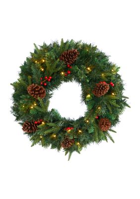 Nearly Natural 24 Inch Mixed Pine Artificial Christmas Wreath with 35 Clear LED Lights and Berries, Green