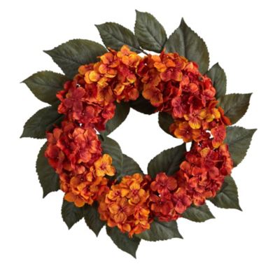 Nearly Natural 20-Inch Autumn Hydrangea Artificial Wreath, Orange