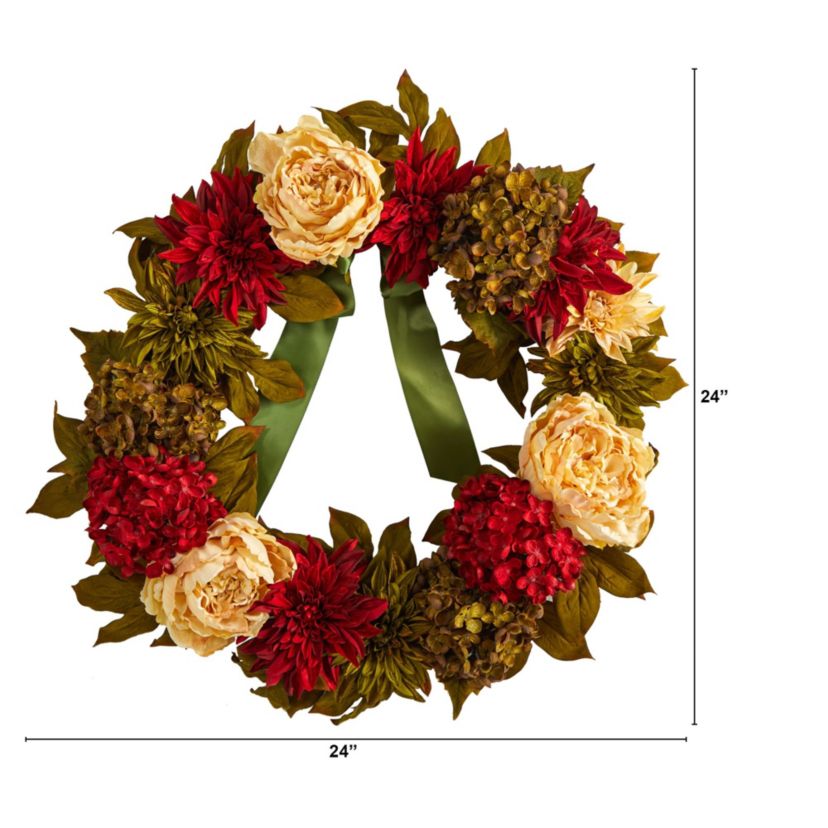 24-Inch Peony, Dahlia and Hydrangea Artificial Wreath