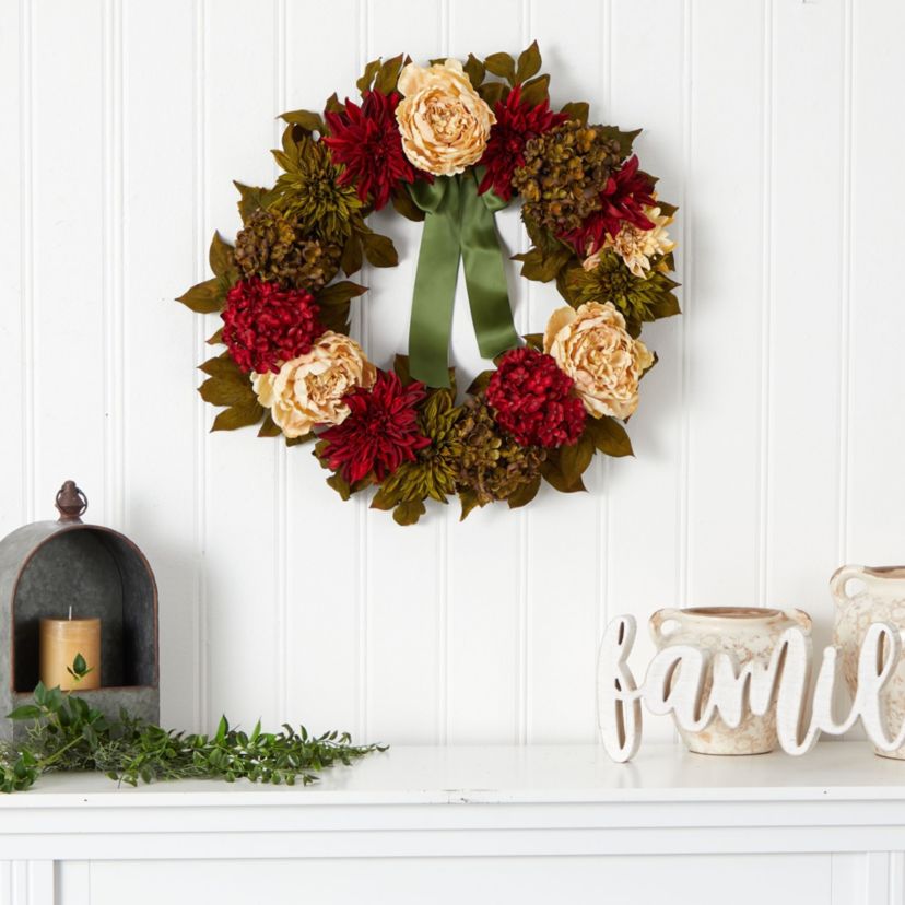 24-Inch Peony, Dahlia and Hydrangea Artificial Wreath